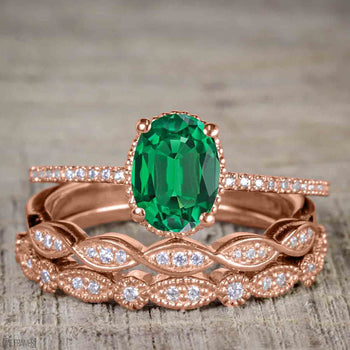 Bestselling 1.50 Carat Oval cut Emerald and Diamond Trio Wedding Ring Set in Rose Gold