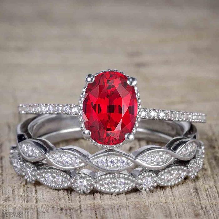 Bestselling 1.50 Carat Oval cut Ruby and Diamond Trio Wedding Ring Set in White Gold