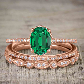 Artdeco 1.50 Carat Oval cut Emerald and Diamond Trio Wedding Bridal Ring Set Rose Gold