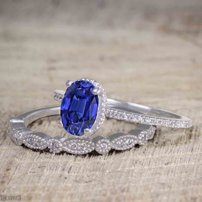 Antique Art Deco 1.25 Oval Cut Sapphire and Diamond Wedding Ring Set in White Gold