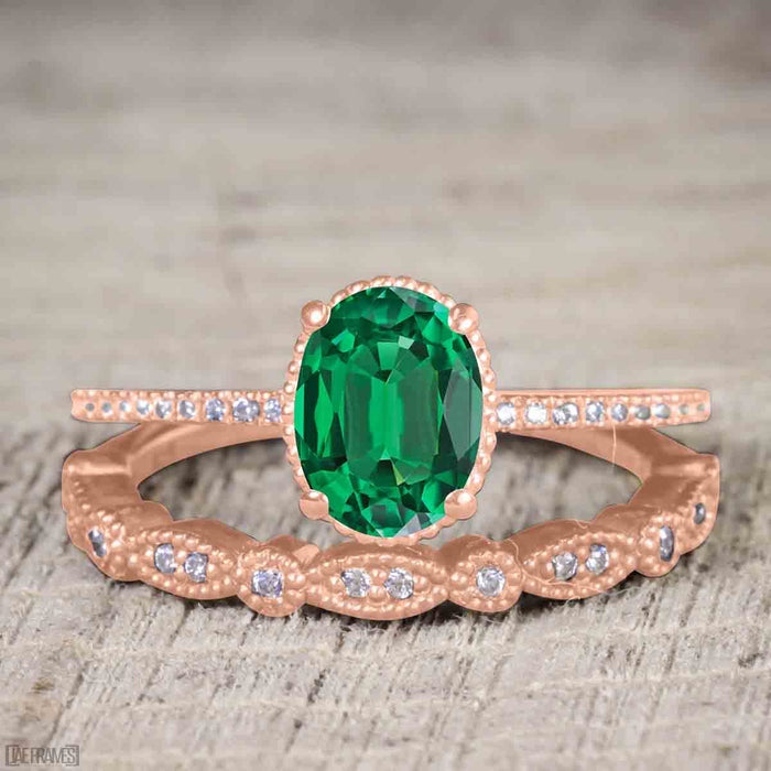 Antique Artdeco 1.25 Oval cut Emerald and Diamond Wedding Bridal Set in Rose Gold