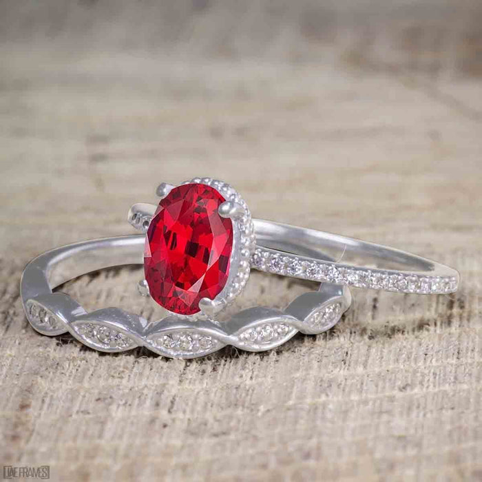 Vintage Design 1.5 Carat Oval Cut Ruby and Diamond Wedding Set for Women in White Gold