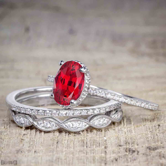 1.50 Carat Oval cut Ruby and Diamond Solitaire Trio Wedding Bridal Ring Set in White Gold