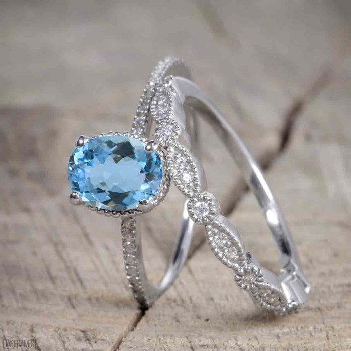 1.50 Carat Oval cut Aquamarine and Diamond Trio Wedding Ring Set for Women in White Gold