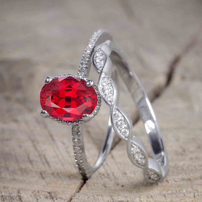 Unique 1.50 Carat Oval cut Ruby and Diamond Trio Wedding Ring Set in White Gold for Her