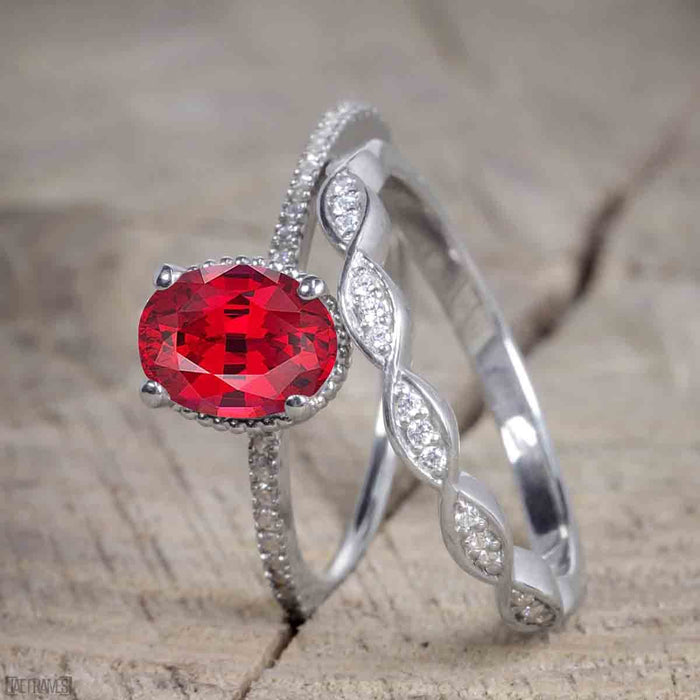 Unique 1.25 Carat Oval cut Ruby and Diamond Bridal Set with semi eternity band in White Gold