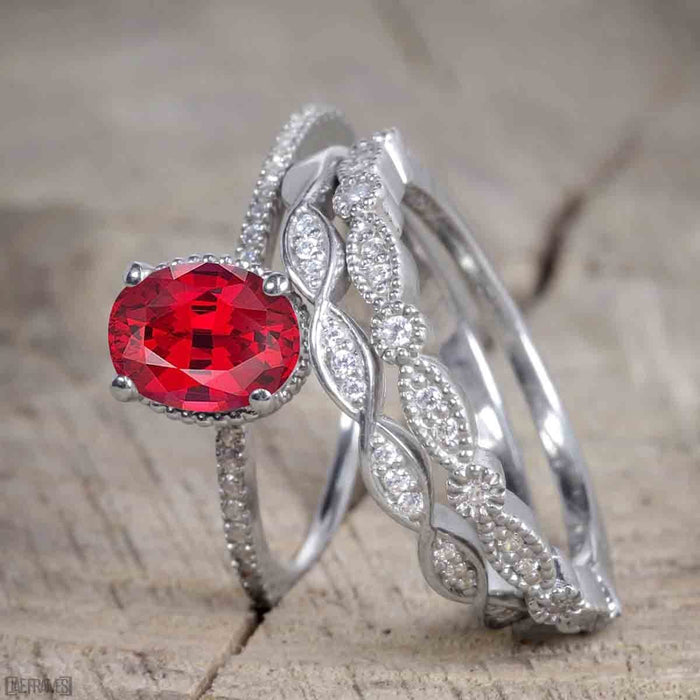 Antique Artdeco 1.25 Oval cut Ruby and Diamond Wedding Bridal Set in White Gold
