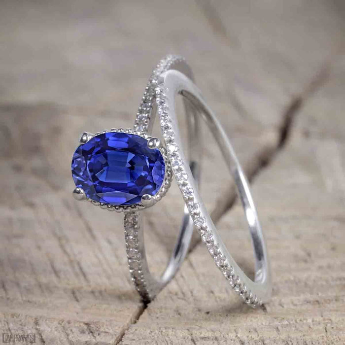 Antique Art Deco 1.25 Oval Cut Sapphire and Diamond Wedding Ring Set in White Gold