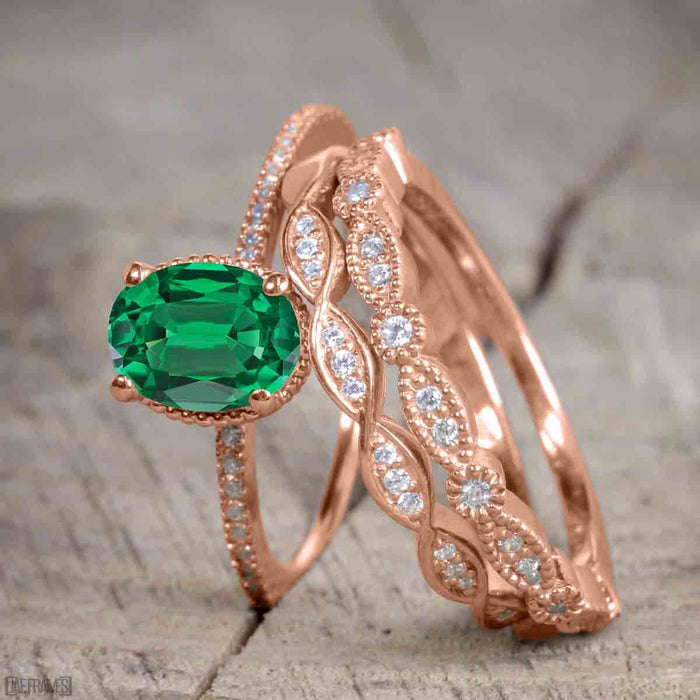 Unique 1.50 Carat Oval cut Emerald and Diamond Trio Wedding Ring Set in Rose Gold for Her