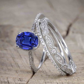 Unique 1.50 Carat Oval Cut Sapphire and Diamond Trio Wedding Ring Set in White Gold for Her