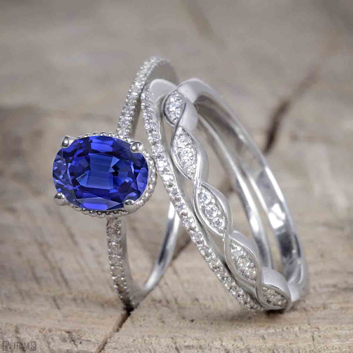 1.50 Carat Oval Cut Sapphire and Diamond Trio Wedding Ring Set for Women in White Gold