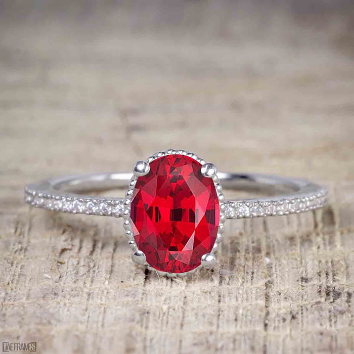 1.50 Carat Oval cut Ruby and Diamond Solitaire Trio Wedding Bridal Ring Set in White Gold