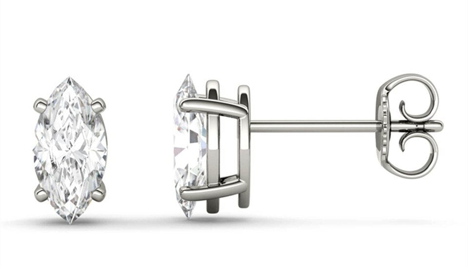 4 Prong 2 Carat Marquise Cut Moissanite Solitaire Stud Earrings in White Gold