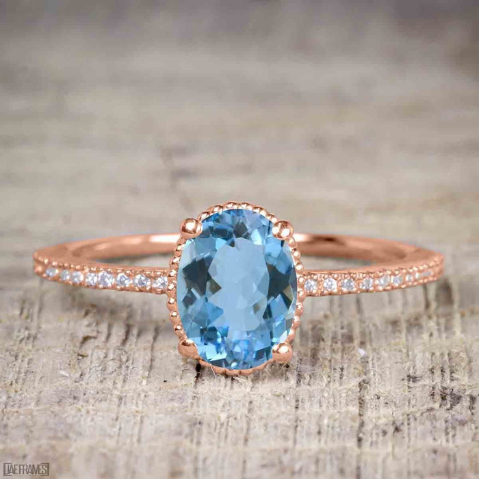 Perfect 1.25 Carat Oval Cut Aquamarine and Diamond Bridal Ring Set in Rose Gold