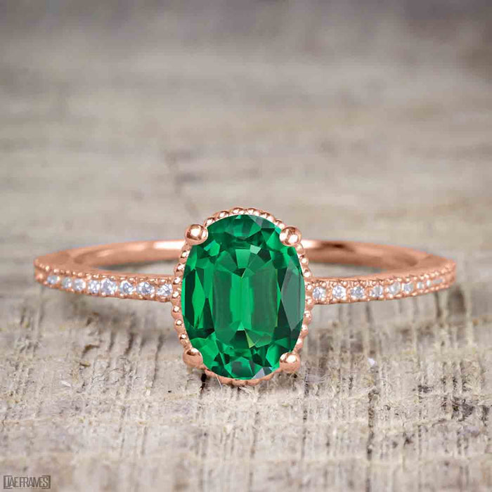1.25 Carat Oval cut Emerald and Diamond Wedding Ring Set in Rose Gold