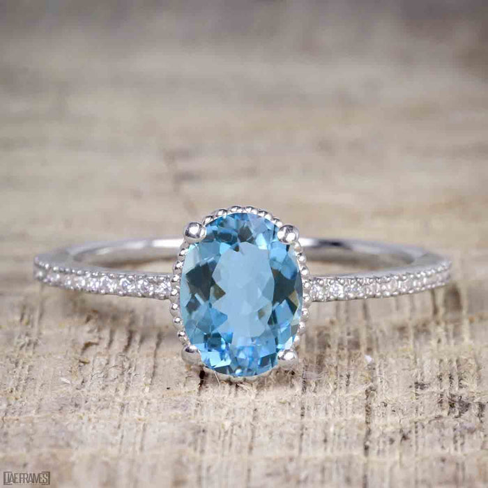 Perfect 1.50 Carat Oval Cut Aquamarine and Diamond Bridal Ring Set in White Gold
