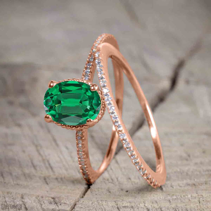 Bestselling 1.50 Carat Oval cut Wedding Ring Set with Emerald and Diamond for Women in Rose Gold