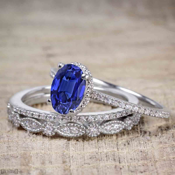 Unique 1.50 Carat Oval Cut Sapphire and Diamond Trio Wedding Ring Set in White Gold for Her