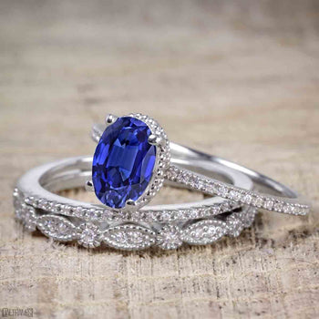 Unique 1.50 Carat Oval Cut Sapphire and Diamond Trio Wedding Ring Set in White Gold