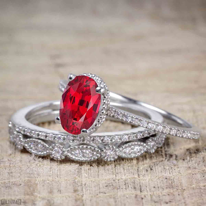 Unique 1.25 Carat Oval cut Ruby and Diamond Bridal Set with semi eternity band in White Gold