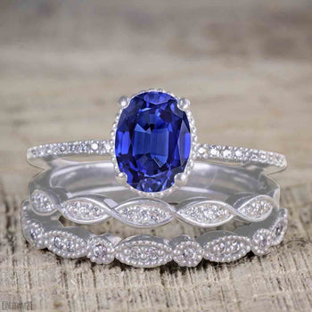 1.50 Carat Oval Cut Sapphire and Diamond Trio Wedding Ring Set for Women in White Gold