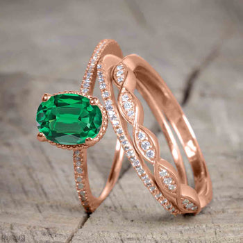 Bestselling 1.50 Carat Oval cut Wedding Ring Set with Emerald and Diamond for Women in Rose Gold