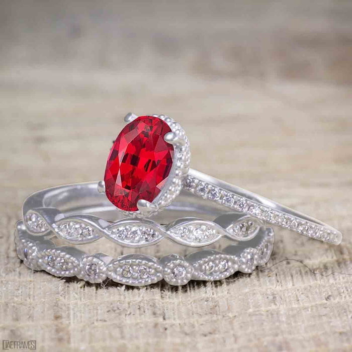 Bestselling 1.50 Carat Oval cut Wedding Ring Set with Ruby and Diamond for Women in White Gold