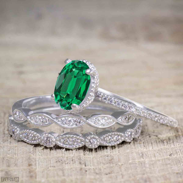 Bestselling 1.50 Carat Oval cut Wedding Ring Set with Emerald and Diamond for Women in White Gold