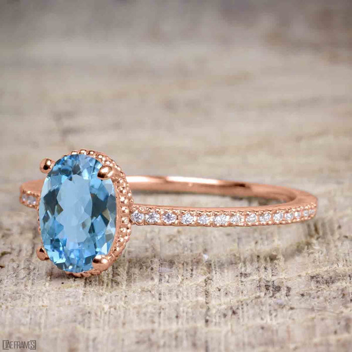Perfect 1.25 Carat Oval Cut Aquamarine and Diamond Bridal Ring Set in Rose Gold