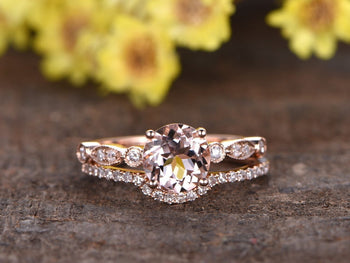 Perfect 1.50 Carat Round Cut Morganite and Diamond Wedding Ring Set in Rose Gold