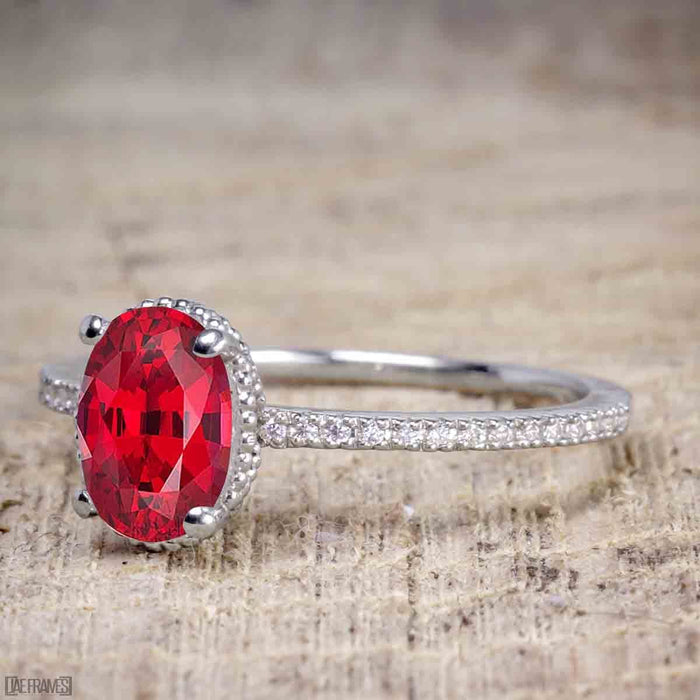 Perfect 1.25 Carat Oval cut Ruby and Diamond Bridal Ring Set in White Gold