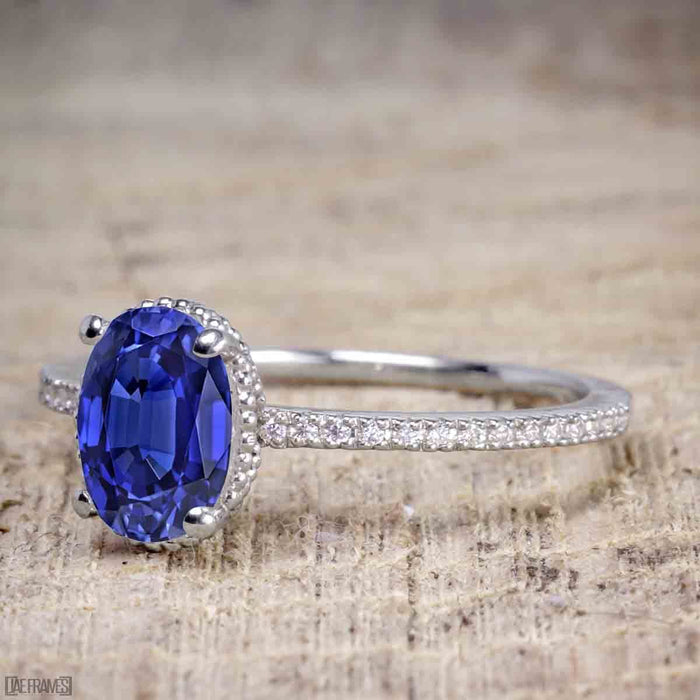 1.50 Carat Oval Cut Sapphire and Diamond Solitaire Trio Wedding Bridal Ring Set in White Gold