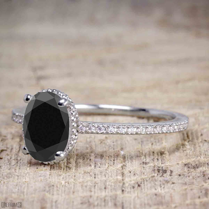Perfect 1.50 Carat Oval Cut Black Diamond Bridal Ring Set in White Gold
