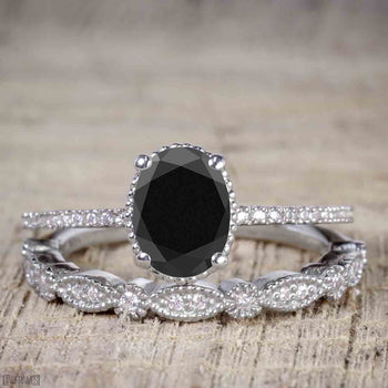 Art Deco 1.50 Carat Oval Cut Black Diamond Wedding Bridal Ring Set in White Gold