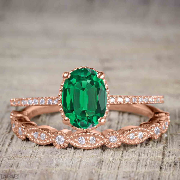 Artdeco 1.50 Carat Oval cut Emerald and Diamond Trio Wedding Bridal Ring Set Rose Gold