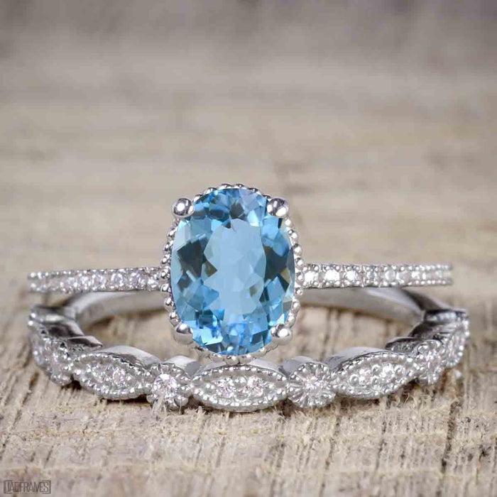 Art Deco 2 Carat Oval Cut Aquamarine and Diamond Trio Wedding Bridal Ring Set White Gold