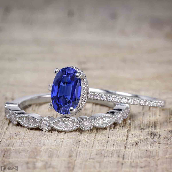 Art Deco 1.25 Carat Oval Cut Sapphire and Diamond Wedding Ring Set in White Gold