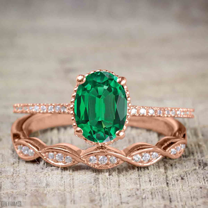 1.25 Carat Oval cut Emerald and Diamond Wedding Ring Set in Rose Gold