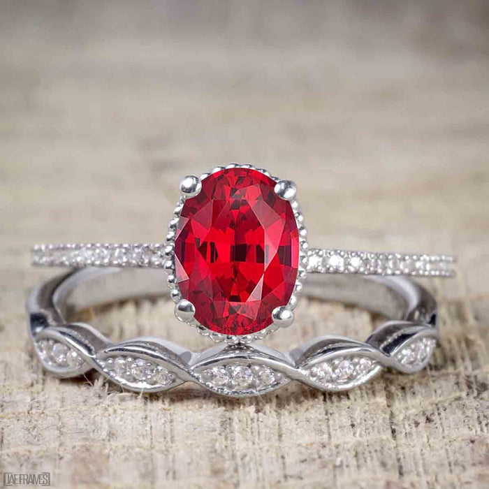 Bestselling 1.50 Carat Oval cut Ruby and Diamond Trio Wedding Ring Set in White Gold