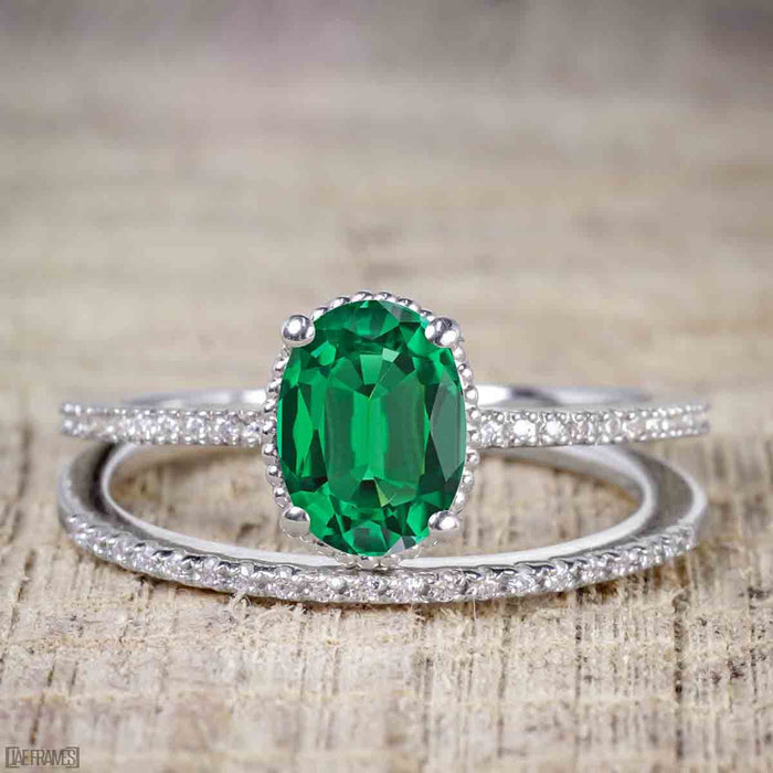Perfect 1.25 Carat Oval cut Emerald and Diamond Bridal Ring Set in White Gold