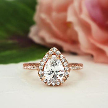 1.5 Carat Pear Cut Halo Engagement Ring in Rose Gold over Sterling Silver