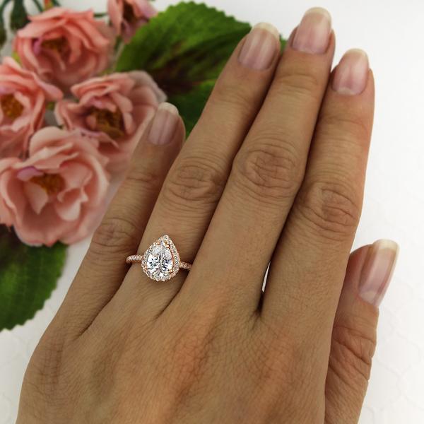 1.5 Carat Pear Cut Halo Engagement Ring in Rose Gold over Sterling Silver