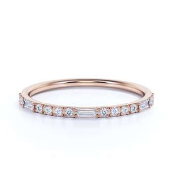 Semi Eternity Stacking Ring with Emerald and Round Cut Diamonds in Rose Gold