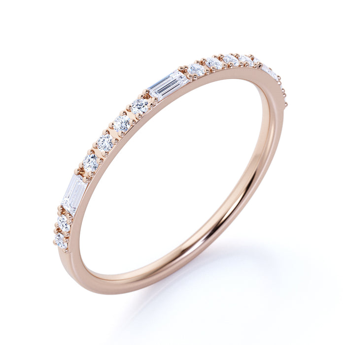 Semi Eternity Stacking Ring with Emerald and Round Cut Diamonds in Rose Gold