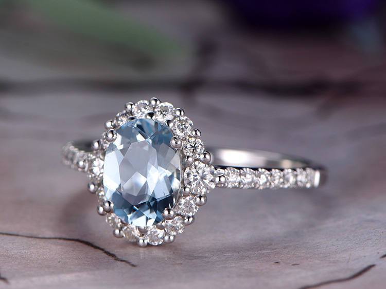 Perfect 1.50 Carat Oval Cut Aquamarine and Diamond Halo Engagement Ring in White Gold