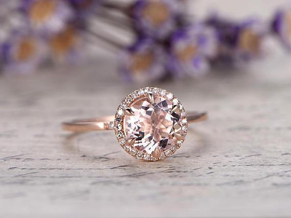 Solitaire 1.25 Carat Round Cut Morganite and Diamond Halo Engagement Ring in Rose Gold