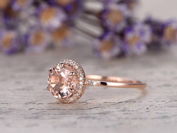 Solitaire 1.25 Carat Round Cut Morganite and Diamond Halo Engagement Ring in Rose Gold