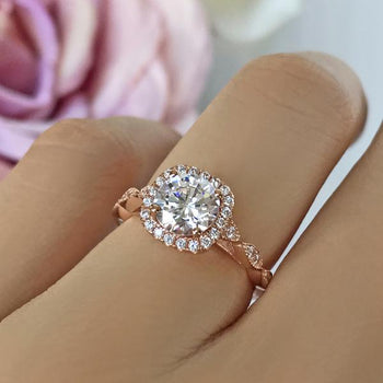 1.5 Carat Round Cut Halo Art Deco Engagement Ring in Rose Gold over Sterling Silver