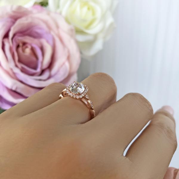 1.5 Carat Round Cut Halo Art Deco Engagement Ring in Rose Gold over Sterling Silver