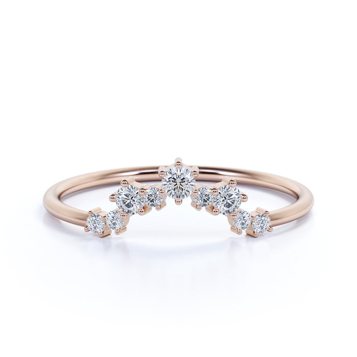 Delicate Prong Set Round Cut Diamonds Chevron Stacking Ring in Rose Gold